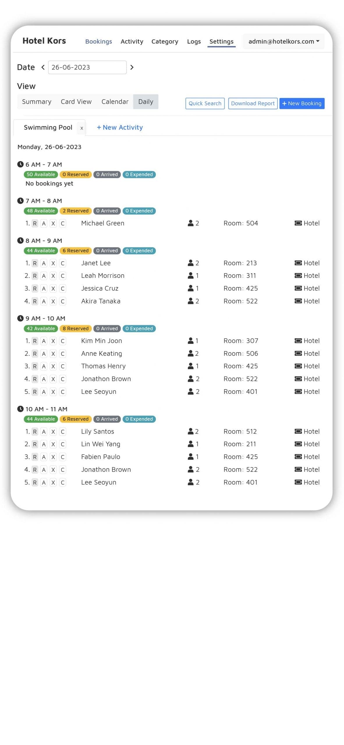 Hotel staff viewing facility bookings in the backend portal