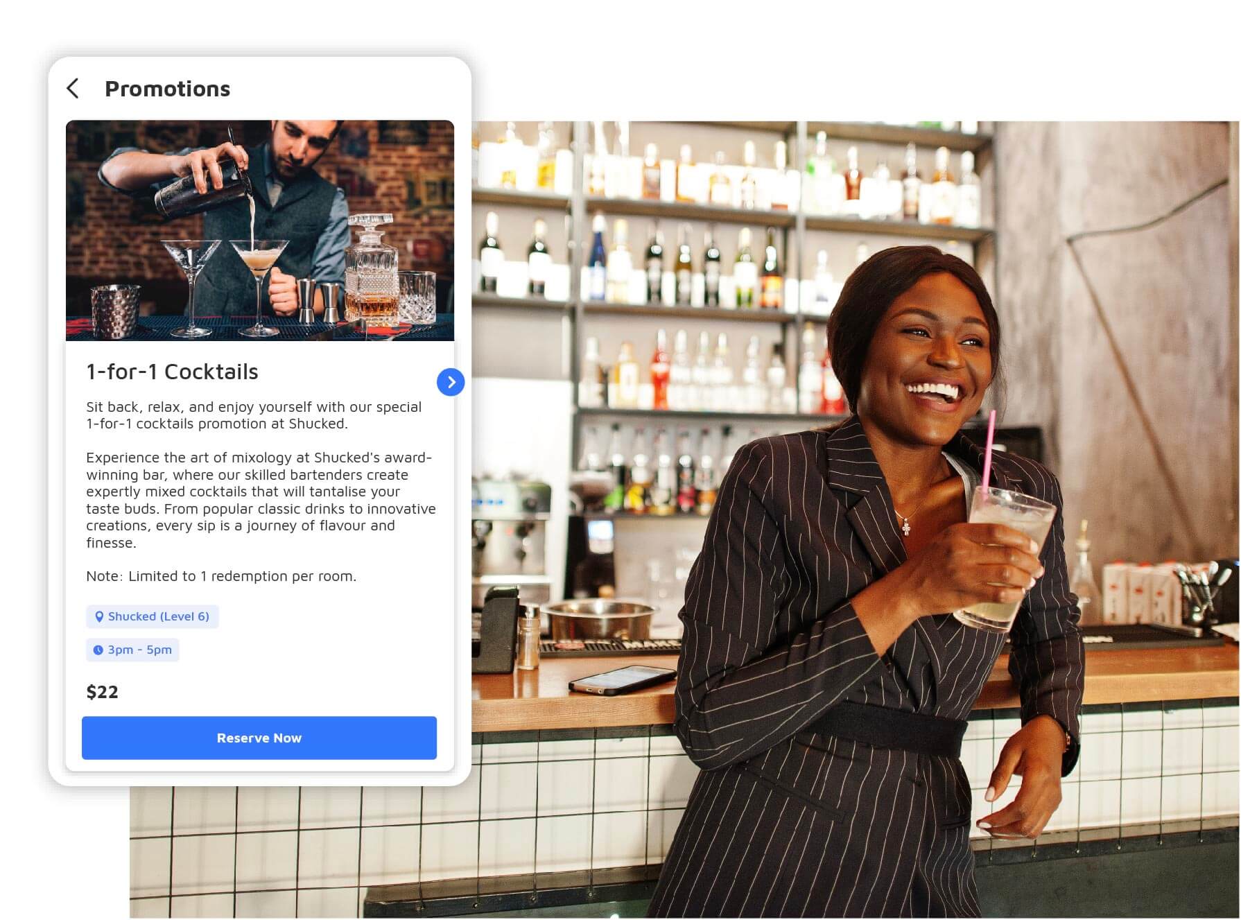 Hotel guest enjoying drink at a bar with promotions from hotel platform
