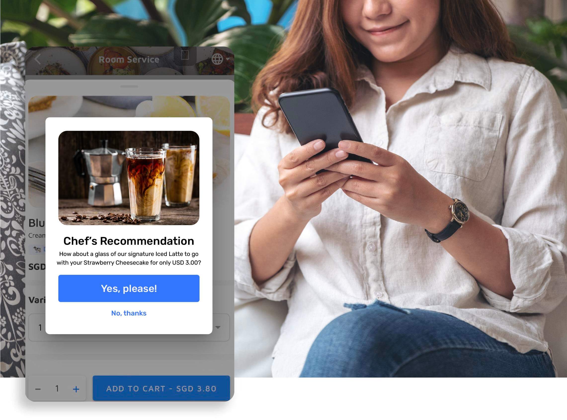 Hotel guest accessing digital F&B catalogue with automated upselling pop-up