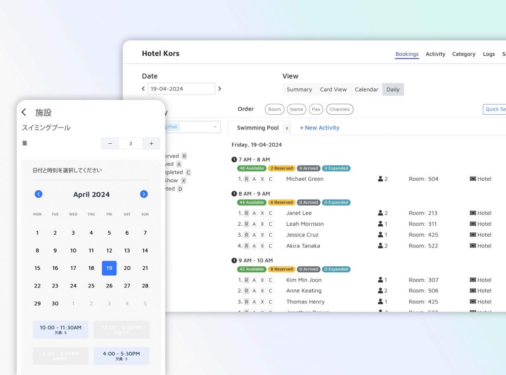 Facility booking interface for guests on guest experience platform and backend for hotel staff. Guest experience platform interface displays the date and time slot selection. Backend interface for staff shows who have booked the facility while allowing updates as to whether the guest has arrived or not.